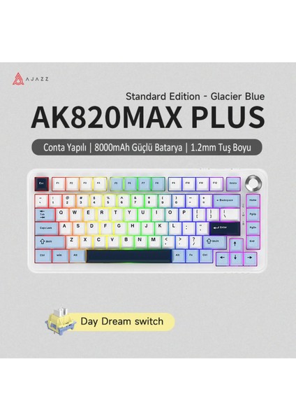 AK820 Max Plus Daydream Switch 3 Modlu Mekanik Oyun Klavyesi-8000 Mah Batarya RGB-Hot Swap (AK820 Max Plus - Mavi Beyaz - DayDream)