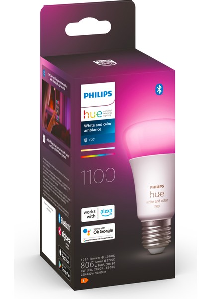 HueWCA 9-75W E27 1100 Lumen Renkli Akıllı Ampul A60