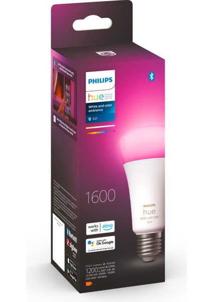 HueWCA 13.5-100W E27 1600 Lumen Renkli Akıllı Ampul A67