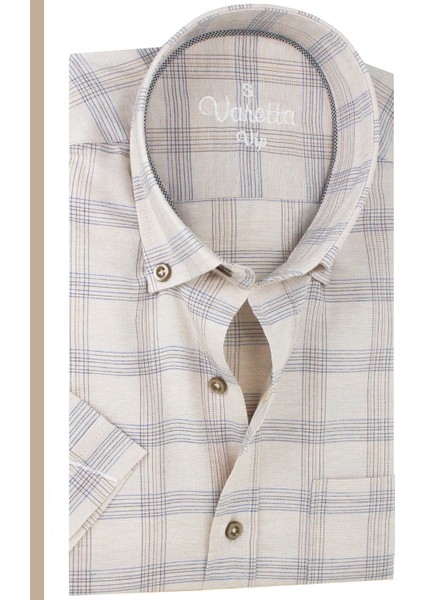 Erkek Bej Kısa Kollu Cepli Geniş Kesim Pamuklu Yazlık Kareli Gömlek