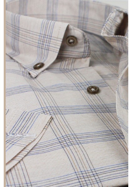 Erkek Bej Kısa Kollu Cepli Geniş Kesim Pamuklu Yazlık Kareli Gömlek fiyatları