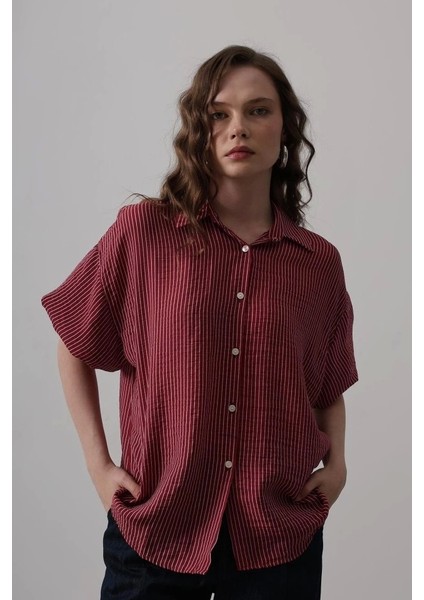 Yarım Balon Kol Çizgili Gömlek - Bordo