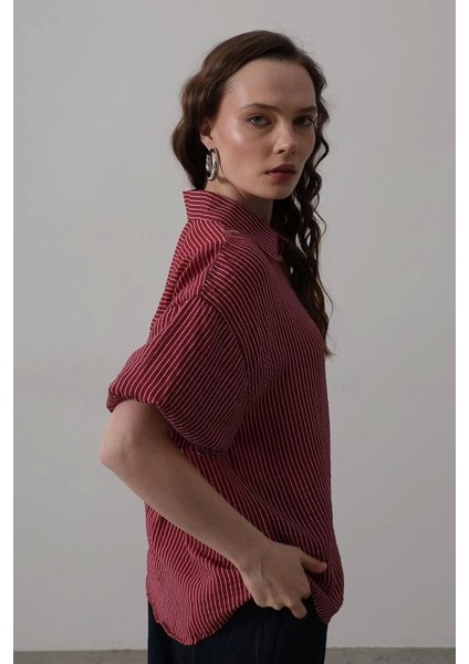 Yarım Balon Kol Çizgili Gömlek - Bordo fırsatları