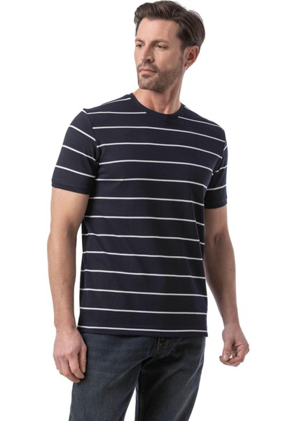 Yatay Çizgili Bisiklet Yaka T-Shirt