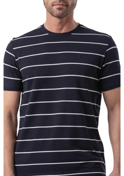 Yatay Çizgili Bisiklet Yaka T-Shirt