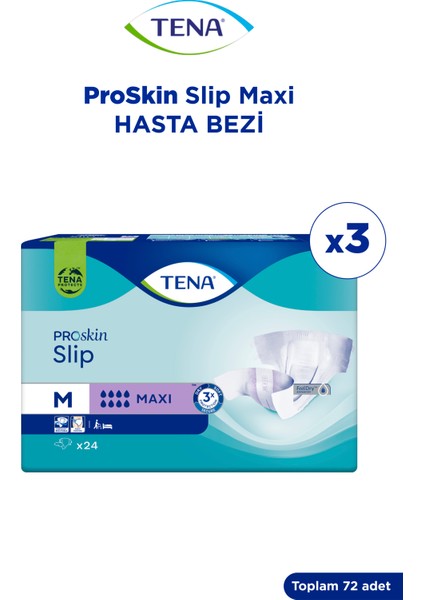 Slip Maxi Bel Bantlı Hasta Bezi, Orta Boy (M), 8 Damla, 24'Lü 3 Paket 72 Adet