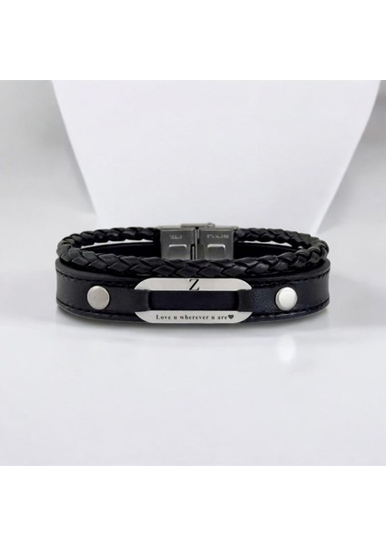 Erkekler İçin Derili Aşk Temalı Oval Motifli 925 Ayar Gümüş Plakalı Harfe Özel Bileklik-420Harf-Siyah