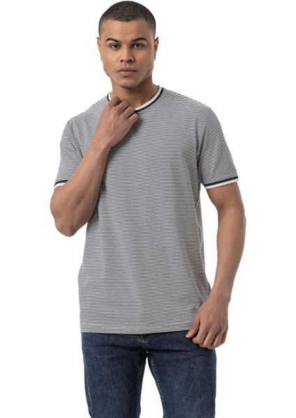 Yatay Çizgili Bisiklet Yaka T-Shirt
