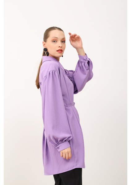 Yakası Çiçek Broşlu Tunik Lila
