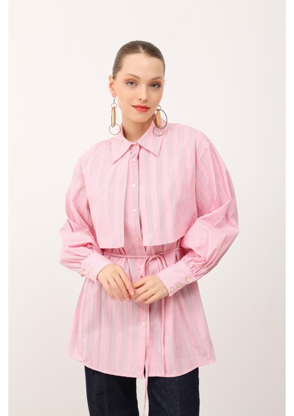 Çizgili Beli Bağcıklı Gömlek Pembe