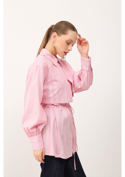 Çizgili Beli Bağcıklı Gömlek Pembe