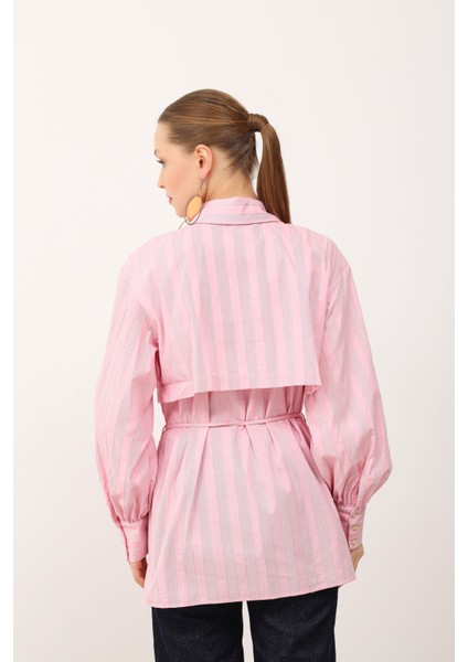 Çizgili Beli Bağcıklı Gömlek Pembe
