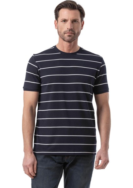 Yatay Çizgili Bisiklet Yaka T-Shirt