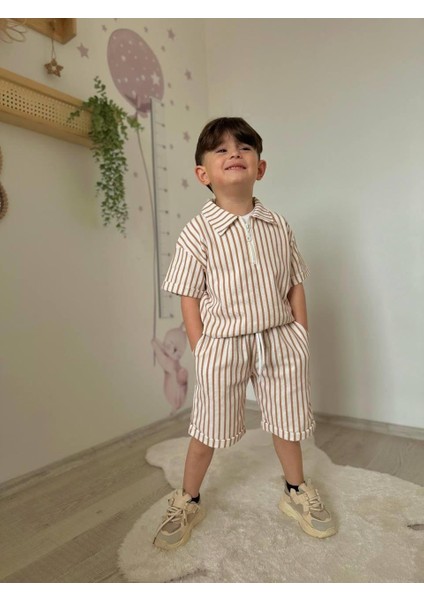 Erkek Çocuk Çizgili Şortlu Takım Krem modelleri