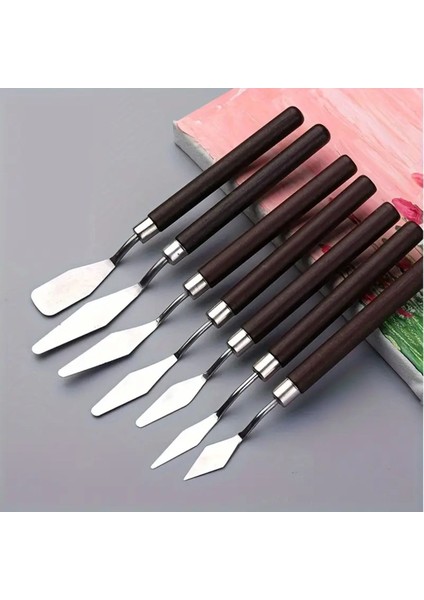 Spatula Seti Spatul Akrilik, Yağlı Boya, Pasta Süsleme, Kek Şekillendirme 7'li-Ahşap Sap