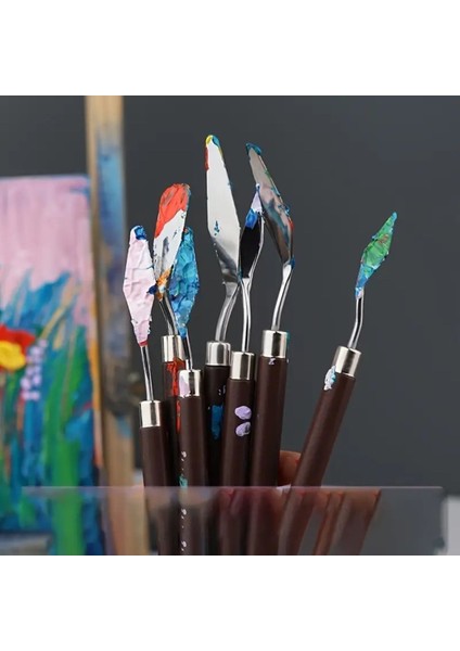 Spatula Seti Spatul Akrilik, Yağlı Boya, Pasta Süsleme, Kek Şekillendirme 7'li-Ahşap Sap