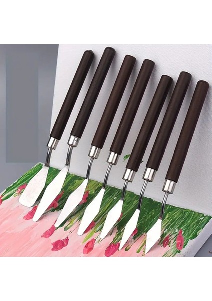 Spatula Seti Spatul Akrilik, Yağlı Boya, Pasta Süsleme, Kek Şekillendirme 7'li-Ahşap Sap