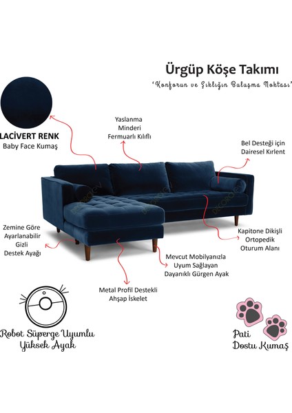 Ürgüp Lacivert Modern L Köşe Koltuk Takımı Sol Köşe Uzanmalı Köşe Koltuk Pati Dostu Kumaş Yumuşak Uzun Ömürlü Sünger Kişiselleştirilebilir Ölçü fiyatları