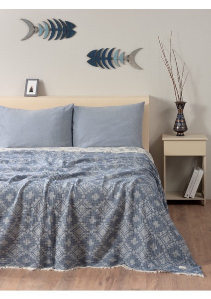 Müslin 4 Katlı Aztec Desenli (Jakarlı) Çift Kişilik Yatak Örtüsü-Yazlık Pike 220 x 240 cm