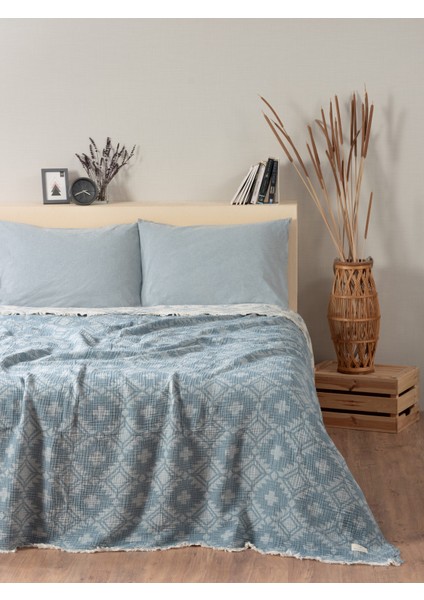 Müslin 4 Katlı Aztec Desenli (Jakarlı) Çift Kişilik Yatak Örtüsü-Yazlık Pike 220 x 240 cm