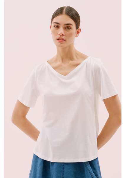 Kayık V Yaka Kısa Kol T-Shirt Beyaz Y2523813_002