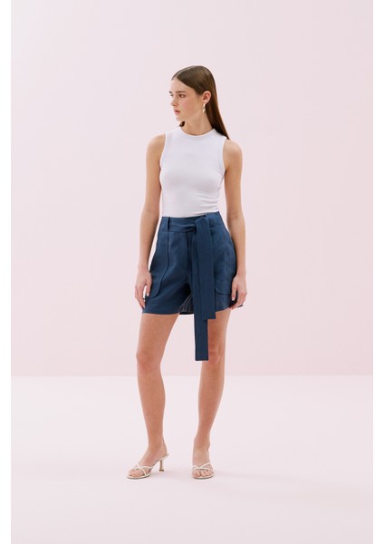 Cep Detaylı Beli Kemerli Keten Şort Lacivert Y2512612_015
