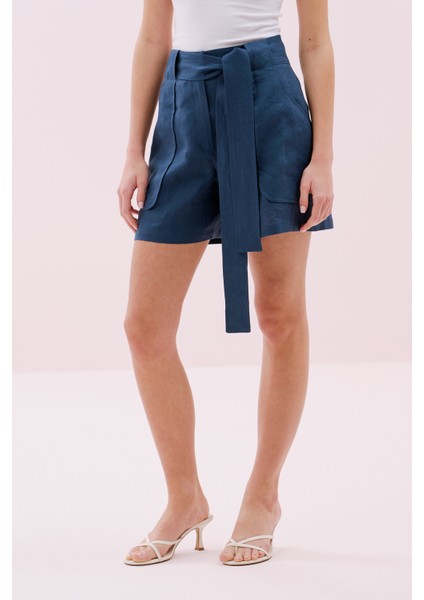 Cep Detaylı Beli Kemerli Keten Şort Lacivert Y2512612_015 modelleri