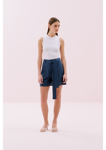 Cep Detaylı Beli Kemerli Keten Şort Lacivert Y2512612_015 fırsatları