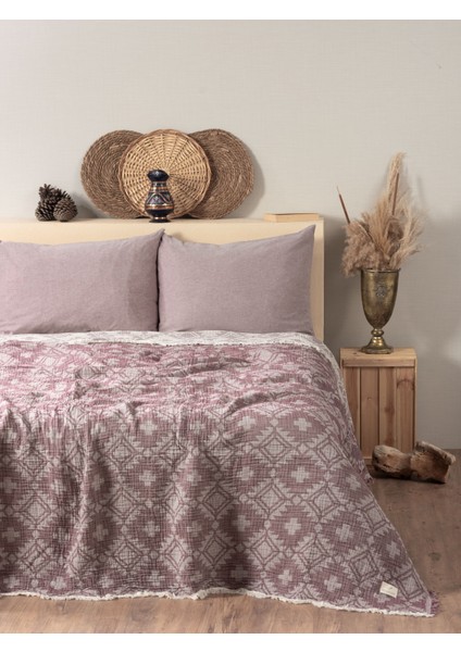 Müslin 4 Katlı Aztec Desenli (Jakarlı) Çift Kişilik Yatak Örtüsü-Yazlık Pike 220 x 240 cm