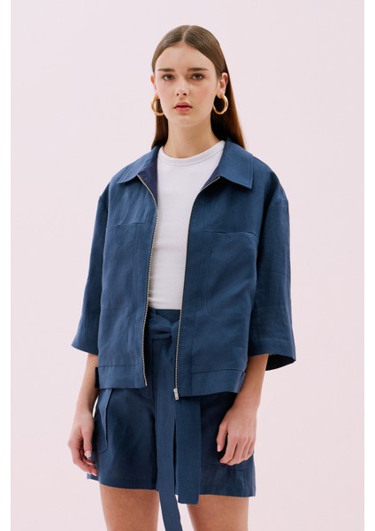 Fermuarlı Çift Cepli Truvakar Kol Keten Ceket Lacivert Y2517503_015