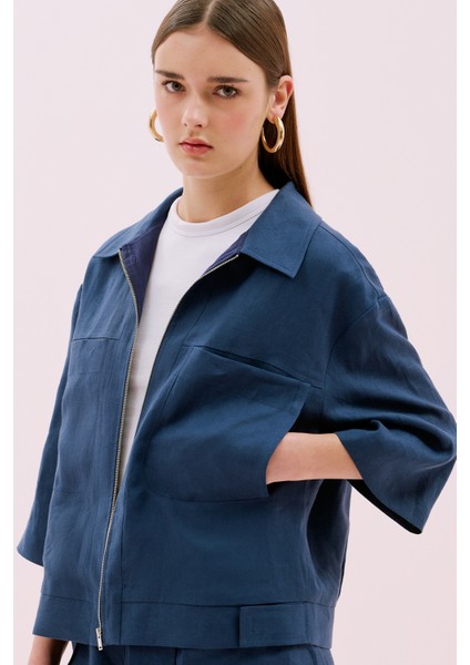 Fermuarlı Çift Cepli Truvakar Kol Keten Ceket Lacivert Y2517503_015 modelleri