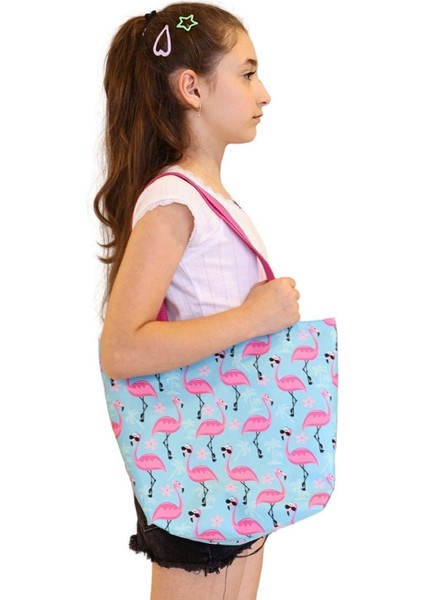 Pembe Flamingo Desenli Kız Çocuk Plaj Çantası, Baskılı Çocuk Günlük Çanta