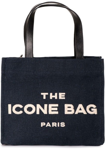 Lacivert The Icone Bag Paris Işlemeli Tote Kadın Kol Çantası Ve Omuz Çantası Orta Boy