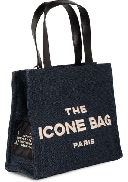 Lacivert The Icone Bag Paris Işlemeli Tote Kadın Kol Çantası Ve Omuz Çantası Orta Boy fırsatları