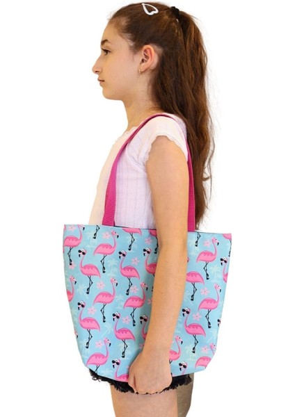 Pembe Flamingo Desenli Kız Çocuk Plaj Çantası, Baskılı Çocuk Günlük Çanta modelleri