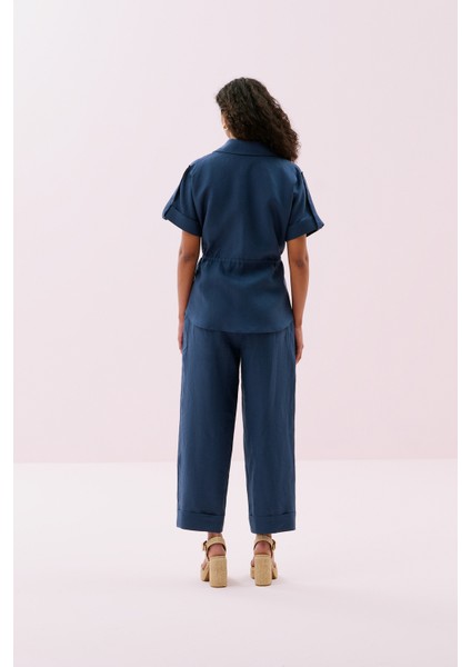 Tek Cepli Beli Bağlanabilen Kısa Kol Keten Gömlek Lacivert Y2513519_015 fiyatları