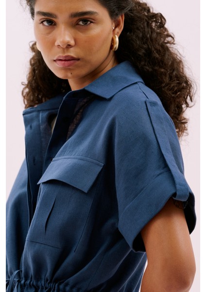 Tek Cepli Beli Bağlanabilen Kısa Kol Keten Gömlek Lacivert Y2513519_015 modelleri
