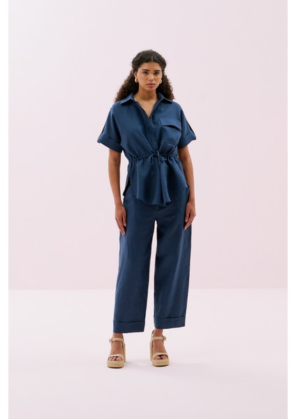 Tek Cepli Beli Bağlanabilen Kısa Kol Keten Gömlek Lacivert Y2513519_015 fırsatları