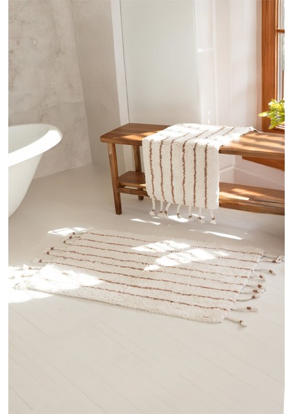 In Lines 2’li Takım Banyo Paspası %100 Pamuk 40X60 + 60X90 Bej Çizgili