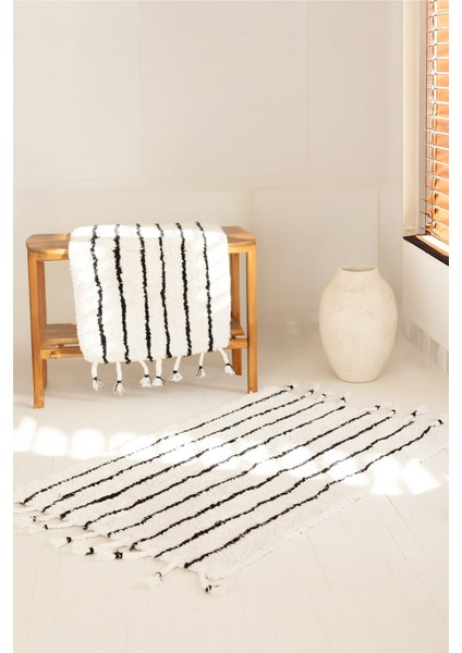 In Lines 2’li Takım Banyo Paspası %100 Pamuk 40X60 + 60X90 Siyah Çizgili