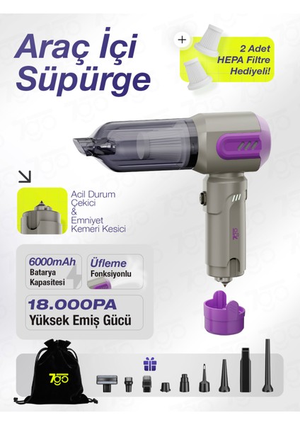 Ahv-14 2'si 1 Arada Kablosuz Araç Içi Süpürge Mor | 18000PA Güçlü Vakum + Üfleme | Cam Kırıcı & Kemer Kesici Acil Durum Özellikli