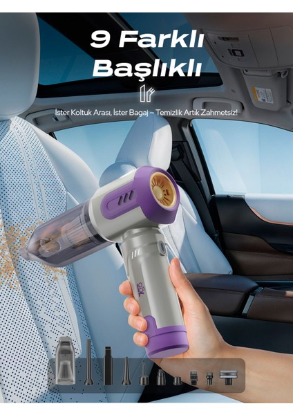 Ahv-14 2'si 1 Arada Kablosuz Araç Içi Süpürge Mor | 18000PA Güçlü Vakum + Üfleme | Cam Kırıcı & Kemer Kesici Acil Durum Özellikli