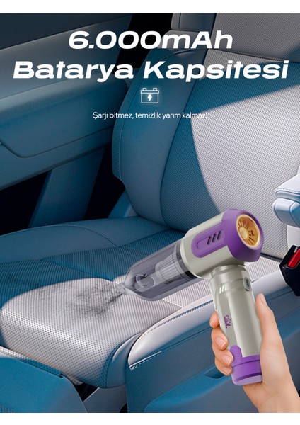 Ahv-14 2'si 1 Arada Kablosuz Araç Içi Süpürge Mor | 18000PA Güçlü Vakum + Üfleme | Cam Kırıcı & Kemer Kesici Acil Durum Özellikli
