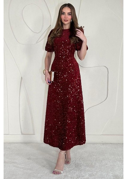 Bordo Midi Boy Pul Payet Bordo Elbise