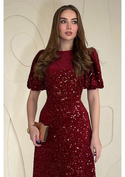 Bordo Midi Boy Pul Payet Bordo Elbise