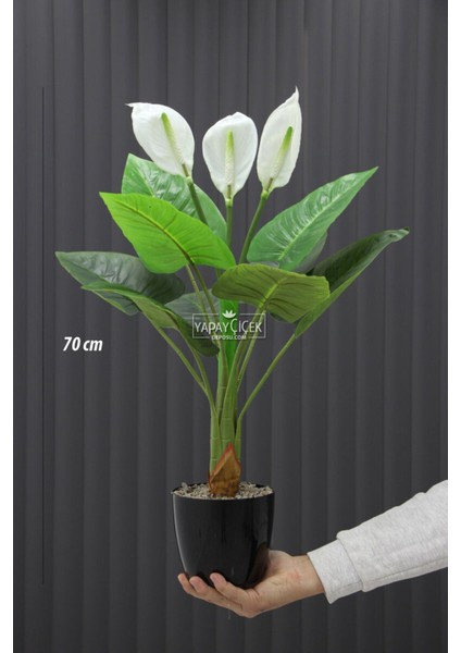 Yapay Ağaç Çiçekli Spatifilyum Bitkisi 70 cm (9 Yaprakli-3 Çiçekli)