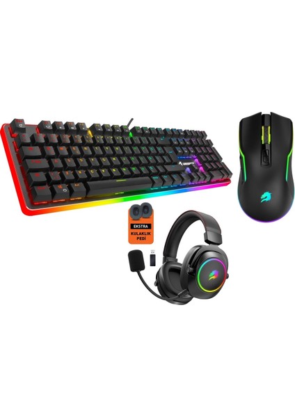 RGB Oyuncu Seti – G918 Mekanik Klavye, M18 10.000 DPI Kablosuz Mouse, WBH44 2.4G+BT Kulaklık