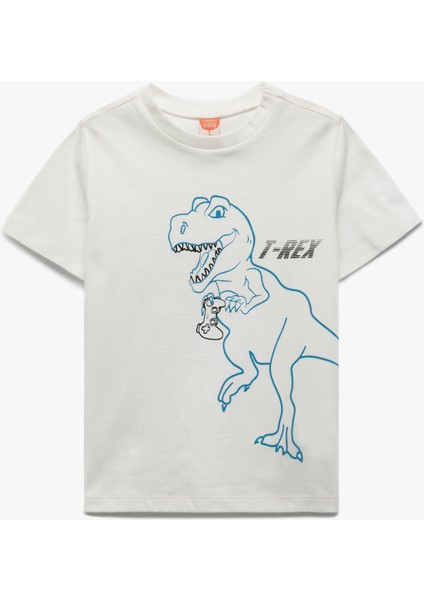 Dinozor Baskılı Kısa Kollu Bisiklet Yaka Pamuklu Tişört