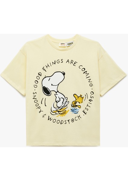 Snoopy Baskılı Bisiklet Yaka Kısa Kollu Pamuklu Lisanslı Tişört