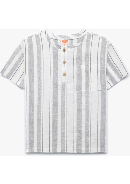 Keten ve Viskon Karışımlı Kısa Kollu Bisiklet Yaka Çizgili Gömlek